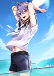  1boy :d absurdres antenna_hair arms_up aster_arcadia ball bangs beachball belt black_belt black_sailor_collar black_shorts blonde_hair blue_sky clouds commentary_request cowboy_shot day eyelashes hair_between_eyes hair_intakes heterochromia highres holding holding_ball in_water innertube looking_at_viewer male_focus medium_hair multicolored_hair navel neckerchief nijisanji nijisanji_en o-ring o-ring_belt open_mouth outdoors partially_submerged partially_underwater_shot peridot68 purple_hair sailor_collar sailor_shirt shirt short_shorts short_sleeves shorts sidelocks sky smile solo standing stomach streaked_hair teeth two-tone_hair upper_teeth violet_eyes wading water white_neckerchief white_shirt yellow_eyes 