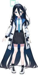  1girl absurdly_long_hair arisu_(blue_archive) bangs beko_(beco_1122) black_hair black_hairband blue_archive blue_eyes blue_necktie bright_pupils collared_shirt dark_blue_hair full_body hair_between_eyes hairband halo highres jacket long_hair looking_at_viewer multicolored_clothes multicolored_jacket necktie one_side_up pleated_skirt shirt simple_background skirt solo standing very_long_hair white_background white_jacket white_pupils white_shirt 