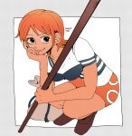  1girl artist_name bag brown_footwear from_above hand_on_own_face hand_up highres holding holding_staff holding_weapon looking_at_viewer miniskirt nami_(one_piece) one_piece orange_hair orange_skirt short_hair short_sleeves simple_background skirt smile smirk solo squatting staff tbt weapon 