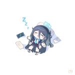  arisu_(blue_archive) bangs black_hair black_hairband blue_archive blue_necktie chibi collared_shirt hair_between_eyes hairband halo highres jacket long_hair multicolored_clothes multicolored_jacket necktie ngawa one_side_up open_mouth paper pillow pleated_skirt shirt skirt sleeping very_long_hair zzz 