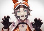  1boy animal_ears animal_hat aqua_eyes bangs bit_gag black_choker black_gloves brown_hair choker claw_pose coat collarbone collared_coat collared_shirt commentary_request fangs fox_ears fox_hat gag gloves hands_up hat highres jewelry long_sleeves looking_at_viewer male_focus mysta_rias nijisanji nijisanji_en open_mouth orange_shirt parted_bangs pendant pendant_choker peridot68 shirt short_hair sidelocks solo teeth upper_body virtual_youtuber white_background white_coat white_headwear 