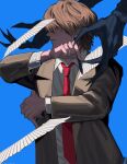  2boys blue_background brown_coat brown_hair claws coat death_note eyes_visible_through_hair highres holding holding_pen male_focus multiple_boys necktie open_clothes open_coat paper parted_lips pen red_eyes red_necktie ryuk simple_background solo_focus woyaocharlie yagami_light 