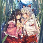  2girls absurdres baggy_pants bamboo bamboo_forest bangs black_hair black_headwear blunt_bangs bow bowtie breasts brown_eyes collarbone collared_shirt commentary_request floral_print forest frilled_shirt frilled_sleeves frills fujiwara_no_mokou hair_bow highres hime_cut holding_hands houraisan_kaguya japanese_clothes long_hair long_skirt long_sleeves multiple_girls nature ofuda ofuda_on_clothes pants patterned_clothing pink_shirt red_eyes red_pants red_skirt shirt sidelocks skirt sleeve_garter sleeves_past_wrists small_breasts suspenders touhou very_long_hair white_bow white_hair white_shirt wide_sleeves woruta_(soloistlist) yellow_bow yellow_bowtie 