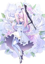  1girl angel_wings arms_up black_footwear blue_archive capelet commentary_request dress flower gohei_(aoi_yuugure) gun hair_bun hair_flower hair_ornament highres holding holding_gun holding_weapon lanchester_smg long_hair low_wings mika_(blue_archive) pantyhose pink_hair scrunchie single_hair_bun solo submachine_gun very_long_hair weapon white_capelet white_dress white_pantyhose white_wings wings wrist_scrunchie yellow_eyes 