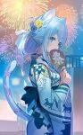  1girl aerial_fireworks animal_ears animal_print blue_eyes blue_flower blue_hair blue_kimono blue_rose breasts cat_ears cat_girl cat_print cat_tail clouds commentary_request covered_mouth fireworks flower hair_flower hair_ornament hair_rings hand_fan hand_up highres holding holding_fan indie_virtual_youtuber japanese_clothes kimono long_sleeves looking_at_viewer looking_to_the_side night night_sky outdoors paper_fan print_kimono purple_flower purple_rose rk_(rktorinegi) rose sky small_breasts solo soraneko_kurumi tail tail_raised uchiwa virtual_youtuber wide_sleeves yellow_flower yellow_rose 