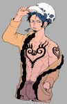  1boy abs arm_tattoo arm_up artist_name chest_tattoo dark_blue_hair facial_hair fur-trimmed_jacket fur_trim grey_background hand_in_pocket hand_on_headwear hat highres jacket long_sleeves looking_at_viewer male_focus no_shirt one_piece one_piece:_stampede open_clothes open_jacket scowl short_hair simple_background solo tattoo tbt trafalgar_law yellow_eyes yellow_jacket 