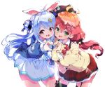  2girls :d ahoge animal_ears beret black_thighhighs blue_hair brown_eyes cardigan carrot_hair_ornament commentary_request cowboy_shot fang food-themed_hair_ornament fujishima-sei_ichi-gou fur-trimmed_jacket fur_trim garter_straps green_eyes hair_ornament hat heart heart_hands heart_hands_duo highres hololive jacket leaning_forward long_hair long_sleeves looking_at_viewer low_twintails multiple_girls pink_hair rabbit_ears rabbit_girl sakura_miko shiny shiny_hair simple_background skin_fang smile teeth thigh-highs tied_ears twintails usada_pekora virtual_youtuber white_background 