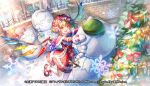  1girl adapted_costume belt blonde_hair brick_wall brown_belt capelet caperata_(towahuyu) christmas_ornaments christmas_tree commentary_request crystal dress earmuffs flandre_scarlet hat hong_meiling izayoi_sakuya mittens official_art open_mouth pine_tree pom_pom_(clothes) red_capelet red_dress red_eyes red_footwear remilia_scarlet short_hair snow snowman touhou translation_request tree white_mittens wings 