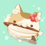  :3 animal animal_focus black_cat cake cat chai_(drawingchisanne) commentary fish food food_focus fruit green_background knife no_humans original signature simple_background strawberry whipped_cream white_cat 