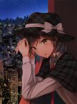 1girl bow brown_eyes brown_hair building city city_lights cityscape fedora fumei_(mugendai) hat hat_bow looking_at_viewer necktie night night_sky open_mouth photo_background plaid plaid_capelet red_necktie revision sky skyline skyscraper solo star_(sky) starry_sky touhou upper_body usami_renko white_bow wing_collar 