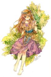  1girl armlet artist_name barefoot bracelet breasts brown_hair chrono_cross dated dress full_body green_eyes hair_between_eyes hair_ribbon hairband jewelry leaf leena_(chrono_cross) long_hair medium_breasts orange_tunic outdoors painting_(medium) purple_dress purple_ribbon ribbon short_sleeves sidelocks smile solo tokio_(okt0w0) traditional_media watercolor_(medium) white_background 