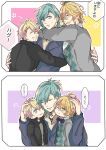  3boys :d ahoge aqua_eyes aqua_hair argyle argyle_sweater asymmetrical_hair bangs black_jacket blonde_hair blue_bow blue_bowtie blue_jacket bow bowtie closed_eyes commentary green_eyes grey_shirt grey_sweater hair_down hair_ornament hairclip headpat highres hood hoodie hug jacket kurusu_shou looking_at_another male_focus medium_hair mikaze_ai multiple_boys one_eye_closed parted_lips shinomiya_natsuki shirt short_hair short_ponytail smile speech_bubble star_(symbol) striped striped_shirt sweatdrop sweater swept_bangs tearing_up traditional_bowtie translation_request upper_body uta_no_prince-sama vibrahat white_hoodie younger 