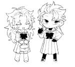  2boys antenna_hair bag bangs chibi cigarette closed_eyes closed_mouth commentary_request earrings full_body gloves greyscale hand_on_hip hand_up hatsutori_hajime high_contrast holding holding_bag holding_cigarette jewelry korean_commentary long_hair long_skirt long_sleeves loose_socks male_focus mary_janes monochrome multiple_boys neck_ribbon open_mouth pantyhose parted_bangs pleated_skirt ribbon saibou_shinkyoku sailor_collar sailor_shirt school_bag school_uniform serafuku shirt shoes short_hair simple_background skirt smile socks theodore_riddle white_background yongluki 