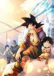  1girl 3boys black_hair casual child commentary_request crossed_legs dragon_ball dragon_ball_super eating father_and_son food food_on_face fountain grandfather_and_granddaughter highres holding holding_food hood hoodie ice_cream mattari_illust multiple_boys namekian pan_(dragon_ball) piccolo pointy_ears semi-rimless_eyewear sitting son_gohan son_goku spiky_hair standing sweatdrop tongue tongue_out twitter_username 