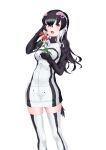  1girl african_penguin_(kemono_friends) black_hair black_sweater black_thighhighs blush brown_eyes flower hand_in_own_hair high_collar highres holding holding_flower kemono_friends long_hair long_sleeves losmal_indicus mittens multicolored_hair open_mouth penguin_girl penguin_tail purple_hair solo sweater tail thigh-highs two-tone_sweater two-tone_thighhighs white_hair white_sweater white_thighhighs zettai_ryouiki 