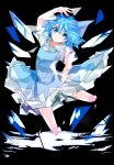  1girl arm_up bangs blue_bow blue_dress blue_eyes blue_hair bow cirno closed_mouth collared_shirt commentary_request dress flat_chest full_body hair_between_eyes hair_bow highres ice ice_wings looking_at_viewer pinafore_dress shirt short_hair short_sleeves solo touhou vivo_(vivo_sun_0222) white_shirt wings 