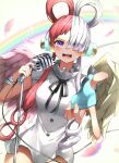  1girl bangs breasts dress eyelashes feathered_wings fingerless_gloves frills gloves hair_over_one_eye headphones highres holding holding_microphone long_hair looking_at_viewer medium_breasts microphone microphone_stand multicolored_hair one_piece one_piece:_film_red open_mouth oversized_clothes pepushi_drow redhead ribbon short_sleeves solo two-tone_hair uta_(one_piece) violet_eyes white_dress white_hair wings 