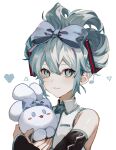  1girl :3 :d aqua_eyes aqua_hair aqua_nails aqua_necktie bangs bare_shoulders black_sleeves blush_stickers bow cinnamiku cinnamoroll closed_mouth commentary crossover detached_sleeves frilled_shirt frilled_shirt_collar frills grey_shirt hair_bow hair_ornament hatsune_miku heart highres holding iwai_ku_tsuki looking_at_another looking_at_viewer musical_note necktie sanrio shirt simple_background smile tied_ears triangle updo upper_body vocaloid white_background wing_collar 