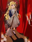  1girl :o absurdres blonde_hair blue_bow blue_eyes book bow broom candle emilico_(shadows_house) hair_bow highres holding holding_broom kurattes long_hair shadow shadows_house solo stage_curtains twintails two_side_up 