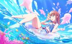  1girl :o air_bubble angelfish bangs bare_legs barefoot blue_sky blue_swimsuit bow bracelet breasts brown_hair bubble caustics chain choker clenched_hand clouds cloudy_sky clover_print collarbone colorful_palette coral_reef day dot_nose fingernails fish fish_hair_ornament fisheye frilled_swimsuit frills full_body glint grey_eyes hair_behind_ear hair_ornament hanasato_minori heart heart_bracelet heart_choker highres holding innertube jewelry knees_together_feet_apart lens_flare looking_afar medium_breasts medium_hair necklace ocean official_art open_mouth outdoors partially_underwater_shot pearl_bracelet pearl_hair_ornament plaid plaid_scrunchie plaid_swimsuit project_sekai red_choker scrunchie seashell shallow_water shell shell_hair_ornament single_horizontal_stripe sky solo striped striped_bow swept_bangs swimsuit thigh_strap waist_bow water wrist_scrunchie 