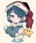  1girl blue_eyes blue_hair breasts doremy_sweet hat highres medium_breasts nightcap one-hour_drawing_challenge pom_pom_(clothes) power_star_(mario) r.h_no.1_fuyumomo short_hair simple_background smile smug solo super_mario_bros. touhou white_background 