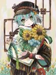  1boy arm_tattoo bloomminority blue_flower blue_hair facing_viewer fantasy flower gloves green_eyes highres long_sleeves looking_to_the_side low_ponytail male_focus original ponytail short_ponytail solo sunflower tattoo yellow_flower 