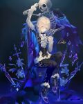  1boy androgynous ashisu_(shisono) black_background blonde_hair blue_background blue_eyes chair formal full_body long_sleeves looking_at_viewer male_focus multicolored_background original pants sitting skeleton solo sword weapon 
