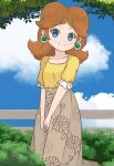  alternate_costume artist_name blue_eyes border brown_skirt casual chocomiru closed_mouth commentary dress english_commentary jewelry long_skirt looking_at_viewer outside_border princess_daisy shirt skirt smile super_mario_bros. tree yellow_shirt 