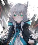  1girl animal_ear_fluff animal_ears arknights bangs black_gloves black_jacket blush cat_ears commentary_request fingerless_gloves geuyeon gloves green_eyes grey_hair hair_between_eyes highres hood hood_down hooded_jacket jacket long_hair long_sleeves looking_at_viewer parted_lips rosmontis_(arknights) shirt solo upper_body very_long_hair white_shirt wide_sleeves 
