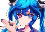  1girl @_@ bangs black_nails blue_eyes blue_hair crossed_bangs hands_up heterochromia highres long_hair looking_at_viewer portrait puckered_lips shadow_puppet simple_background solo toa510 twin_turbo_(umamusume) twintails umamusume violet_eyes white_background 