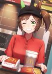  absurdres animal_ears backwards_hat bangs brand_name_imitation breasts brown_hair collared_shirt diagonal_bangs dutch_angle ear_covers food freckles green_eyes grin hair_through_headwear hat highres horse_ears horse_girl horse_tail indoors ines_fujin_(umamusume) looking_at_viewer polo_shirt product_placement red_shirt row_(kentaro_0904) shirt short_sleeves side_ponytail single_ear_cover smile tail tray umamusume upper_body visor_cap 