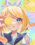  1girl :o air_bubble aqua_eyes bangs blonde_hair bow bubble food fruit hair_bow hair_ornament hairclip highres holding holding_food kagamine_rin lemon lemon_slice looking_at_viewer multicolored_background nemudayo one_eye_covered orange_(fruit) orange_slice parted_lips sailor_collar short_hair solo swept_bangs teeth upper_body upper_teeth vocaloid water water_drop white_bow white_hair 