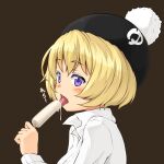  1girl absurdres bangs beanie black_headwear blonde_hair blush brown_background commentary_request food hat highres kitsunerider long_sleeves looking_at_viewer looking_to_the_side open_mouth original popsicle shirt short_hair simple_background solo tongue tongue_out upper_body violet_eyes white_shirt 