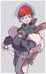  1girl :o backpack bag bangs blue_hair border brown_bag commentary_request eevee glasses grey_background grey_eyes hand_in_pocket highres hiisu_(s-1104-d) holding holding_poke_ball hood hoodie legwear_under_shorts long_sleeves multicolored_hair penny_(pokemon) poke_ball poke_ball_(basic) pokemon pokemon_(game) pokemon_sv redhead round_eyewear see-through see-through_skirt short_hair shorts shorts_under_skirt skirt solo themed_object two-tone_hair white_border 