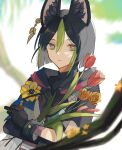  1boy animal_ear_fluff animal_ears asymmetrical_sleeves bangs black_gloves black_hair black_shirt blunt_ends blurry blurry_background blurry_foreground branch bright_pupils closed_mouth commentary_request depth_of_field drawstring earrings expressionless eyelashes flower fox_ears genshin_impact gloves gradient_eyes green_eyes green_hair highres holding holding_flower hood hood_down hoodie itoma_(o_it_m12) jewelry long_sleeves looking_at_viewer male_focus medal multicolored_clothes multicolored_eyes multicolored_hair red_eyes red_flower shirt short_hair short_sleeves sidelocks single_earring solo tassel tighnari_(genshin_impact) tulip turtleneck two-tone_hair upper_body yellow_flower 