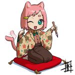 1girl :3 :d animal_ears aoiyuya bell blush calligraphy_brush cat_ears cat_girl cat_tail collared_shirt green_eyes hair_ornament hairclip holding holding_paintbrush japanese_clothes long_sleeves neck_bell neck_ribbon one_eye_closed open_mouth original paintbrush paw_pose pencil_skirt pillow pink_hair ribbon seiza shirt shirt_tucked_in short_hair sitting skirt slit_pupils smile solo tail tail_wagging thick_eyebrows wide_sleeves 