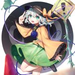  1girl :d commentary_request frog green_eyes grey_hair gunjou_row hat komeiji_koishi long_sleeves looking_at_viewer road_sign sign smile solo standing standing_on_one_leg third_eye touhou 