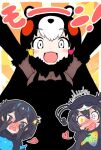  3girls animal_ears arms_up bear_ears bear_girl bird_girl bird_wings black_cape black_dress black_fur black_gloves black_hair black_headwear black_sweater blue_eyes blue_hair blush bow bowtie cabbie_hat cape chibi_kumamon_(kemono_friends) commentary_request covering_face dress elbow_gloves fur_trim gloves grey_eyes hair_ornament hat head_wings heart heart_hair_ornament kemono_friends kitsunetsuki_itsuki long_hair long_sleeves looking_at_viewer mismatched_pupils multicolored_hair multiple_girls nose_blush open_mouth redhead see-through sidelocks smile star_(symbol) star_hair_ornament superb_bird-of-paradise_(kemono_friends) sweater western_parotia_(kemono_friends) white_hair wings 
