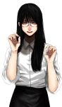 1girl black_hair black_skirt collared_shirt fingernails glasses grey_eyes hands_up highres hoshi_san_3 lipstick long_hair looking_at_viewer makeup mole mole_under_eye mole_under_mouth nail_polish original parted_lips red_lips red_nails shirt simple_background skirt solo white_background white_shirt wing_collar yamifuka-san_(hoshi_san_3) 