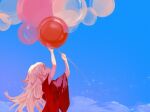  arms_up balloon blue_background child clouds day female_child haine_(summertime_render) highres holding holding_balloon japanese_clothes kimono long_hair looking_up outdoors procreate_(medium) red_kimono solo standing summertime_render upper_body white_hair wide_sleeves yougehedaomu 