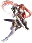  1girl absurdres armored_boots artist_name black_gloves boots clear_glass_(mildmild1311) detached_sleeves fighting_stance fingerless_gloves fire_emblem fire_emblem_awakening full_body gloves hair_flowing_over hand_on_weapon highres holding holding_sword holding_weapon leggings long_hair red_eyes redhead severa_(fire_emblem) sheath shield shirt signature simple_background sleeveless sleeveless_shirt smile solo standing sword sword_on_back twintails twitter_username v-shaped_eyebrows very_long_hair weapon weapon_on_back white_background white_footwear 