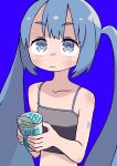  1girl blue_background blue_eyes blue_hair body_markings camisole food hatsune_miku highres holding holding_food icon_315 instant_ramen long_hair simple_background solo spaghetti_strap twintails upper_body vocaloid 
