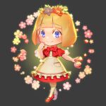  1girl animal_crossing blonde_hair cape cloak dress frilled_skirt frills full_body highres looking_at_viewer mary_janes medium_hair nail_polish open_mouth red_cape red_cloak red_dress red_footwear red_hood shoes short_dress skirt smile solo standing violet_eyes zelato 