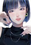  1girl black_shirt blue_hair bob_cut chest_harness ear_piercing earrings eyelashes hands_up harness head_tilt highres jewelry looking_at_viewer medium_hair nail_art original parted_lips piercing shirt simple_background smile solo tsunko_(9v2_q) violet_eyes white_background 