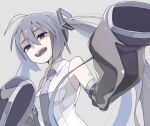  1girl blue_eyes blue_hair breasts detached_sleeves hatsune_miku highres icon_315 necktie open_mouth shaded_face sharp_teeth simple_background sleeveless sleeves_past_fingers sleeves_past_wrists small_breasts solo teeth twintails upper_body vocaloid 
