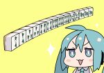 1girl :3 blue_eyes blue_hair bright_pupils chibi doyagao hatsune_miku highres icon_315 mahjong mahjong_tile simple_background smug solo spring_onion twintails vocaloid white_pupils 