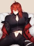  1boy abs artist_name bed bed_sheet blush collar collared_jacket diluc_(genshin_impact) feet_out_of_frame genshin_impact highres jacket large_pectorals long_hair looking_at_viewer lying male_focus muscular muscular_male on_back open_fly pants pectoral_cleavage pectorals red_eyes redhead removing_jacket rourouki shirt signature solo 