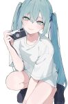  1girl absurdres bangs camera closed_mouth collarbone hair_between_eyes hatsune_miku highres hilu0118 holding holding_camera light_smile long_hair shirt simple_background solo squatting twintails very_long_hair vocaloid white_background white_shirt 