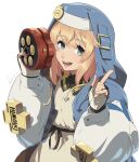 1girl androgyne_symbol blonde_hair blue_eyes bridget_(guilty_gear) commentary_request fingerless_gloves gloves guilty_gear guilty_gear_strive highres holding holding_weapon looking_at_viewer open_mouth sawasa simple_background smile solo teeth transgender upper_teeth weapon white_background