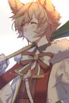  1boy animal_ears arknights bishounen blonde_hair blush christmas closed_mouth fur_collar highres leonhardt_(arknights) male_focus rabbit_boy rabbit_ears ribbon simple_background smile solo unfinished upper_body vystis white_background 